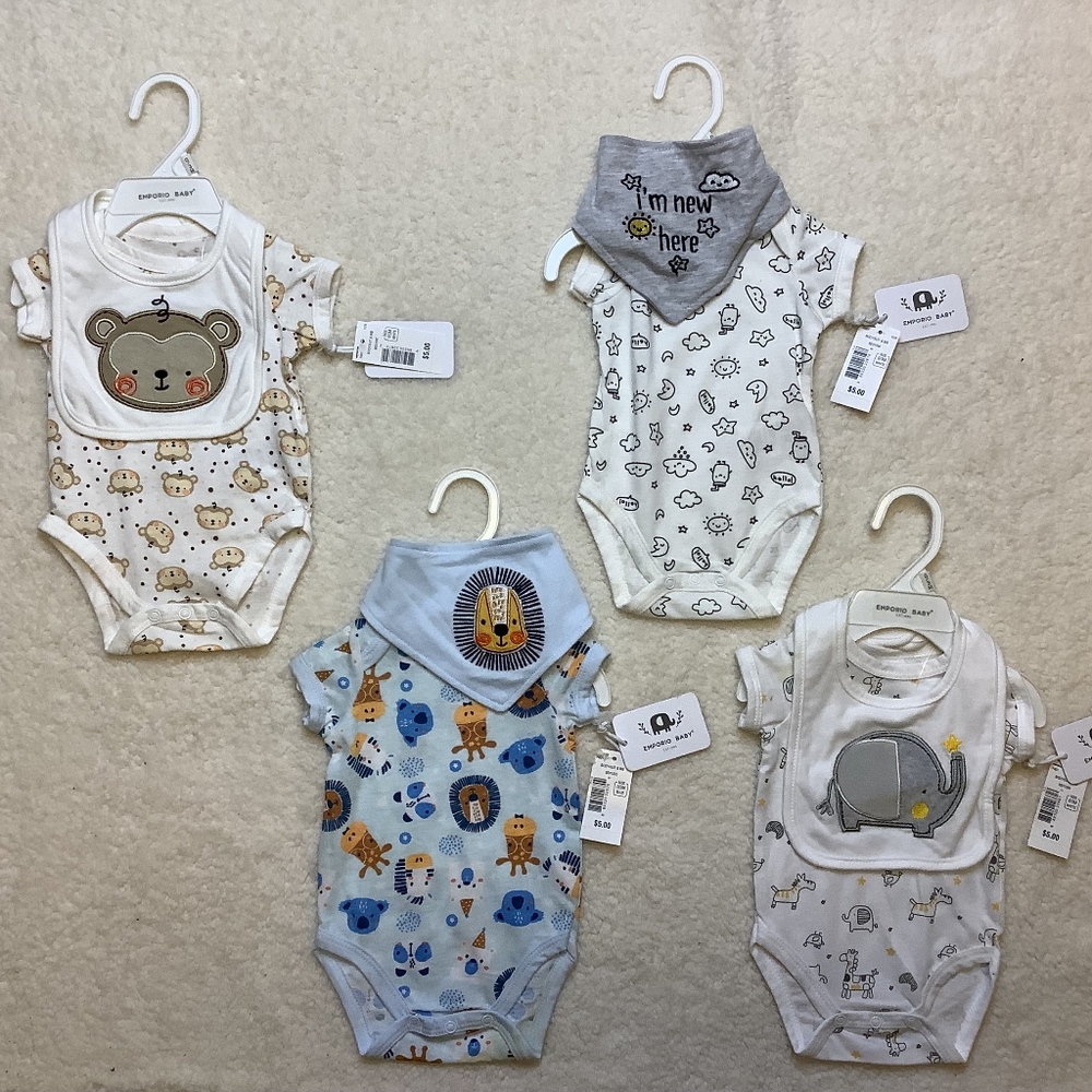 Lot of 4 Emporio Baby Onesies w/ Bibs Size 0-3 mos.